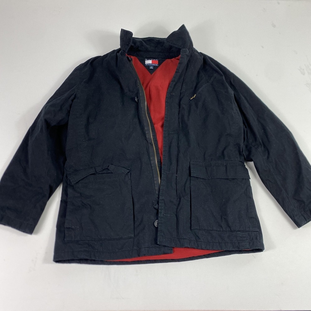 Tommy Hilfiger Jacket Mens Large Black Red Fleece Lined Cotton Zip Pockets